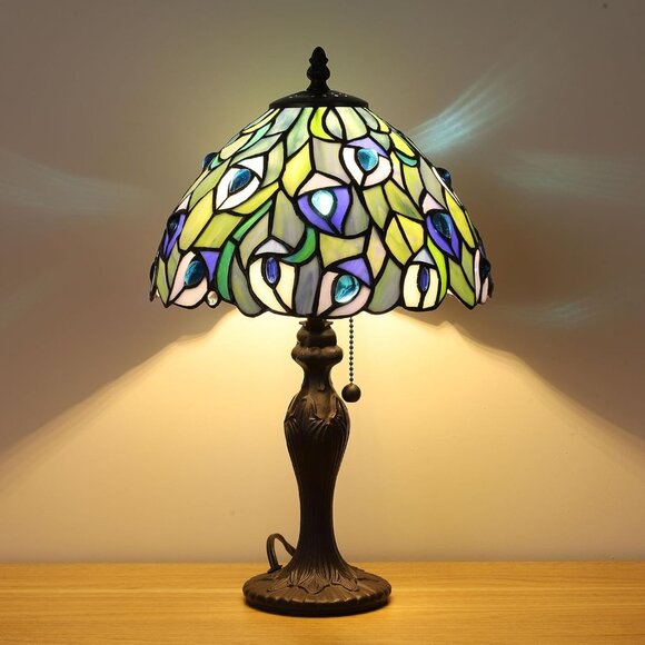 Tiffany Style Table Lamp Blue Phoenix Tail Handcrafted Stained Glass 17" High - Picture 1 of 6